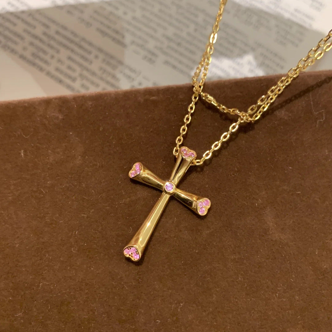Moderne 2-in-1 Goldkette: Minimalistisches Kreuz oder mit pinkem Diamantherz – stylisch und vielseitig