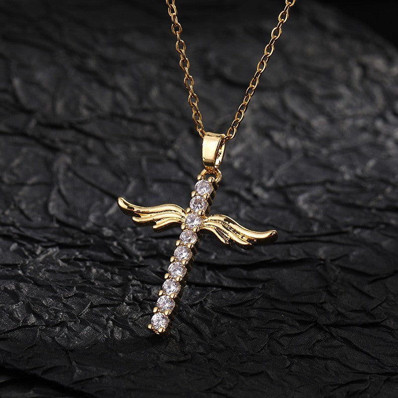 European and American cross-border fashion wish angel wing pendant simple cross micro-inlaid zircon women's necklace ornament