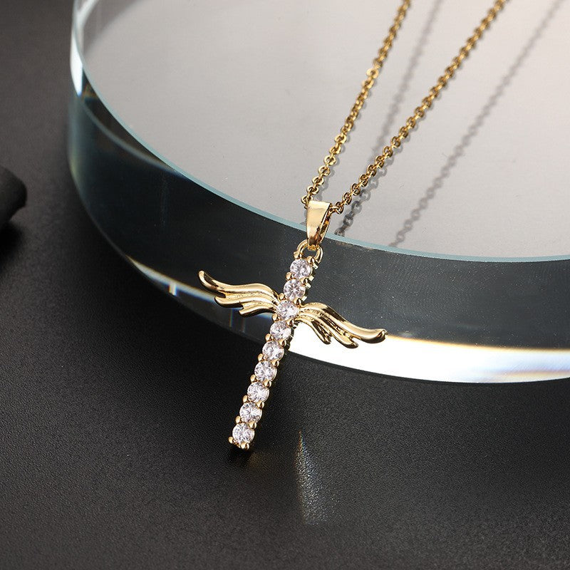 European and American cross-border fashion wish angel wing pendant simple cross micro-inlaid zircon women's necklace ornament