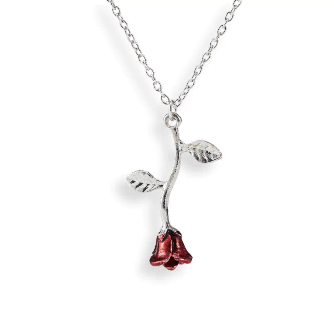 Silberfarbene Variante der Red Rose Halskette mit langem Rosenstiel – filigran und elegant