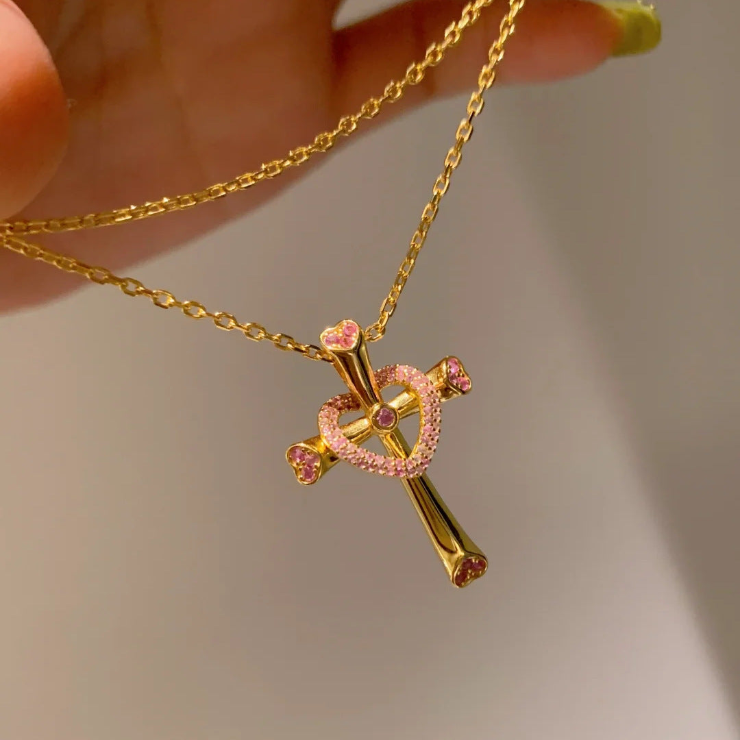 Fashion, light luxury, love and redemption, pink love cross necklace, niche design, high carbon diamond clavicle chain