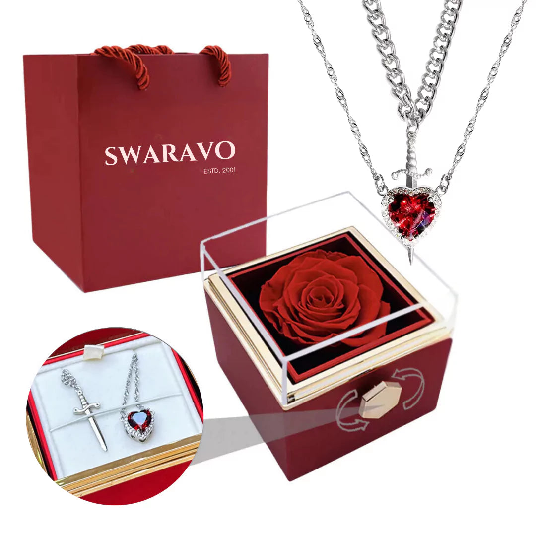 Herz- und Schwert-Kette in einer roten Geschenkverpackung – ideal für den Valentinstag