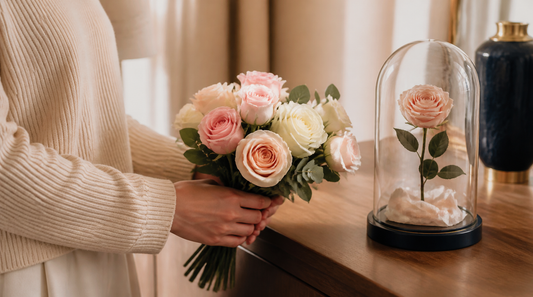 Frau hält frische Rosen neben einer konservierten Rose unter Glas