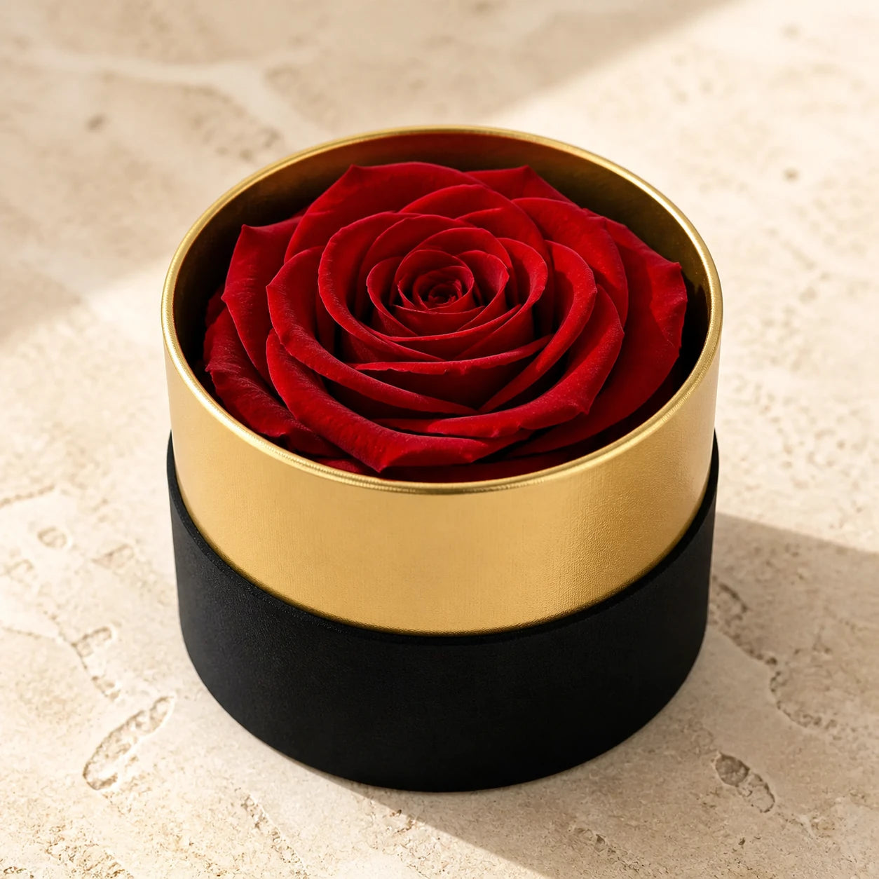 Detail der roten konservierten Rose in einer schwarzen Box mit Goldrand