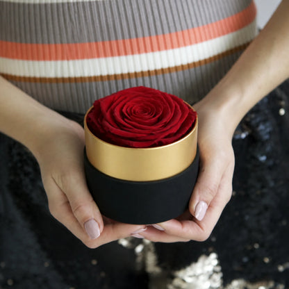 Hand hält eine runde schwarze Rosenbox mit Goldrand und roter Rose
