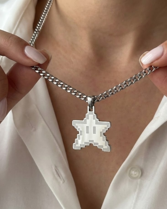 Silver 8-Bit Pixel Star Pendant Necklace on Curb Chain