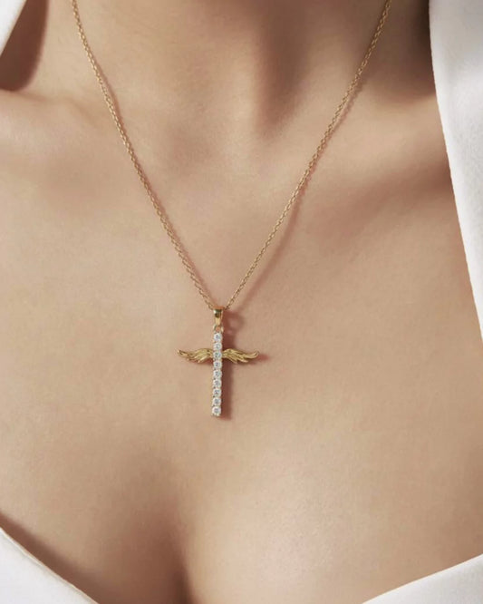Cross necklace with angel wings &amp; sparkling zirconia – 14K gold-plated-Swaravo