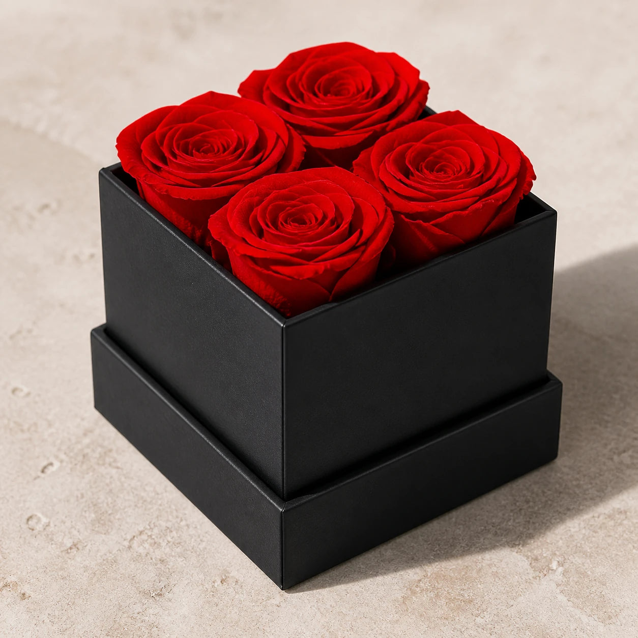 Detail von vier roten konservierten Rosen in einer schwarzen Geschenkbox
