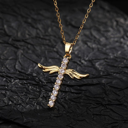European and American cross-border fashion wish angel wing pendant simple cross micro-inlaid zircon women's necklace ornament