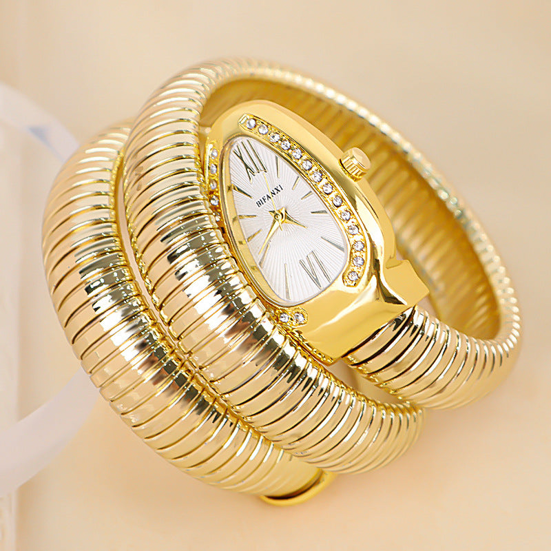 Goldene Damen-Wickeluhr mit weißem Zifferblatt im eleganten Snake-Design – stilvolle Uhr im Schmucklook von Swaravo.