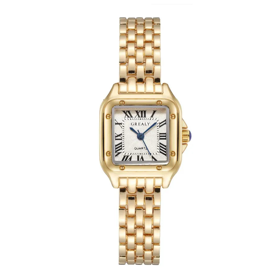 Elegante, goldene Damenuhr von Swaravo im Vintage-Stil mit rundem 25 mm Gehäuse und 316L Edelstahlarmband – zeitloses Design mit Saphirglas.