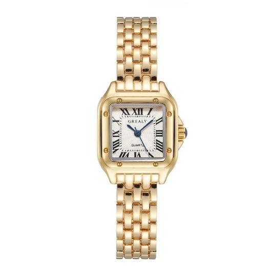 Elegante, goldene Damenuhr von Swaravo im Vintage-Stil mit rundem 25 mm Gehäuse und 316L Edelstahlarmband – zeitloses Design mit Saphirglas.
