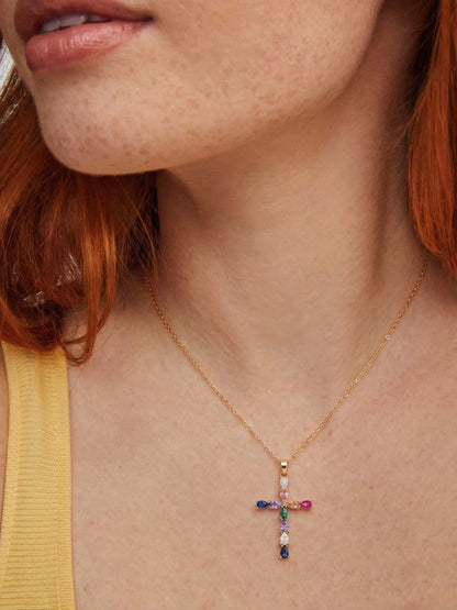 Kette bunte Steine Kreuz vergoldet – Bedeutung: Liebe, Hoffnung & Frieden