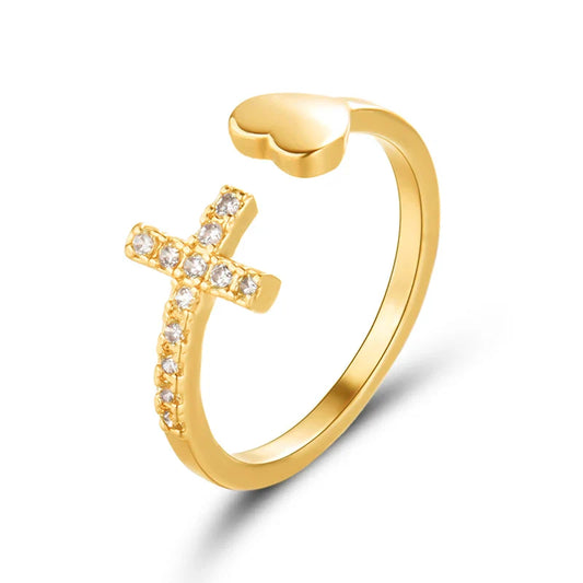 Vergoldeter Heaven Heart Kreuz-Ring mit Zirkonia – verstellbarer Ring mit Herz- und Kreuzsymbol als Zeichen für Liebe & Glaube