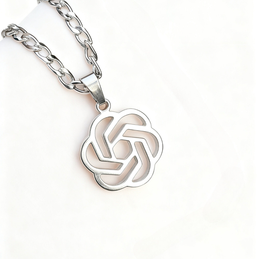 OpenAI-inspirierte AI Halskette aus Edelstahl – Symbol für Intelligenz, Innovation und Stil. Perfektes Geschenk für Entwickler.