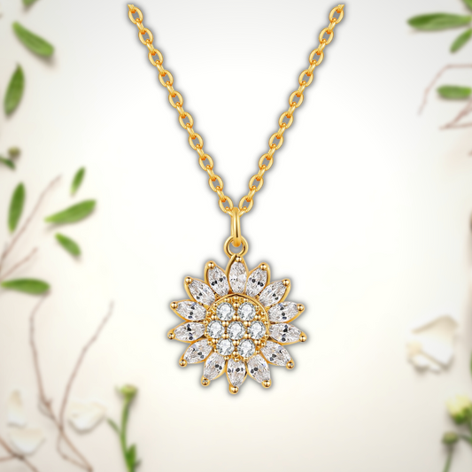 Drehbare Sonnenblumen Kette mit Zirkonia – 18K vergoldeter Glücksbringer aus 925 Silber