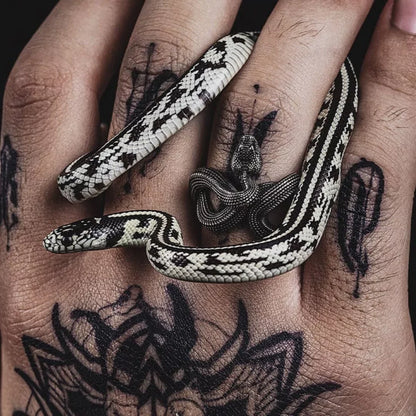  Schwarze Schlange umwickelt den Finger, der mit dem Venom Ring von Swaravo geschmückt ist – mystisches Zusammenspiel von Natur und Schmuck